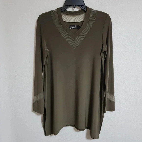 Sympli Olive V-Neck Tunic with Mesh Inserts - Picture 1 of 6